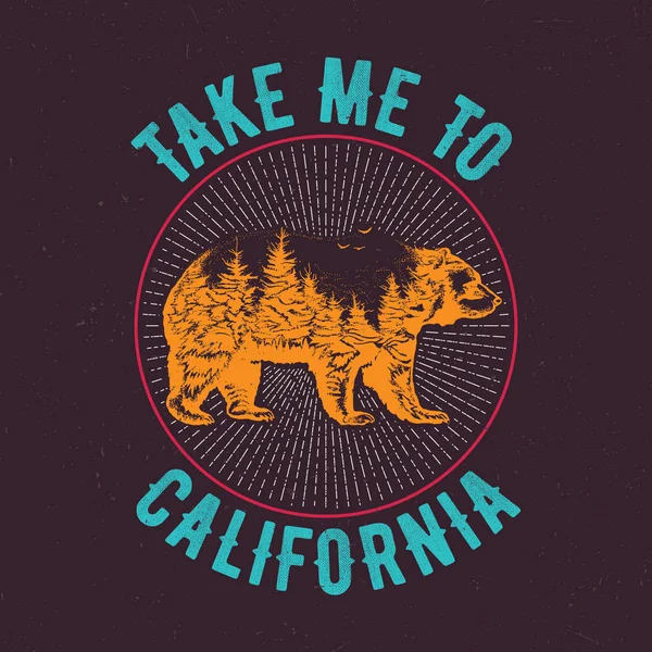 Nimm mich mit zum kalifornischen T-Shirt-Etikettendesign mit Abbildung der Bärensilhouette. — Stockvektor