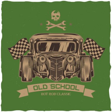 Vintage hot rod t-shirt etiket tasarımı ile özel hız araba çizimi.