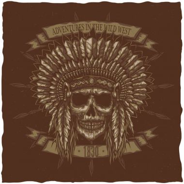 Amerikan Kızılderili Şef kafatası mızraklarla. T-shirt etiket tasarımı.