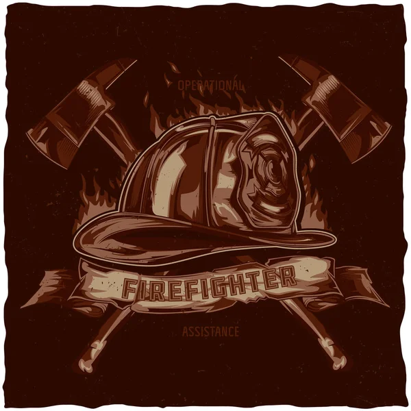 T-shirt design pompier avec illustration de casque avec haches croisées — Image vectorielle