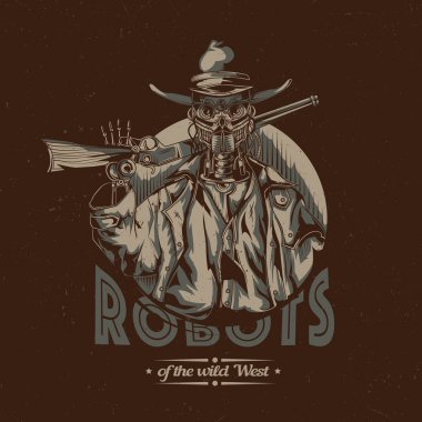 Vahşi Batı t-shirt etiket tasarım robot kovboy gösterimi ile.