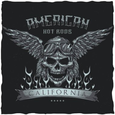 Vintage hot rod t-shirt etiket tasarım sürücü kafatası gözlük ve kanatlar ile çizim ile.