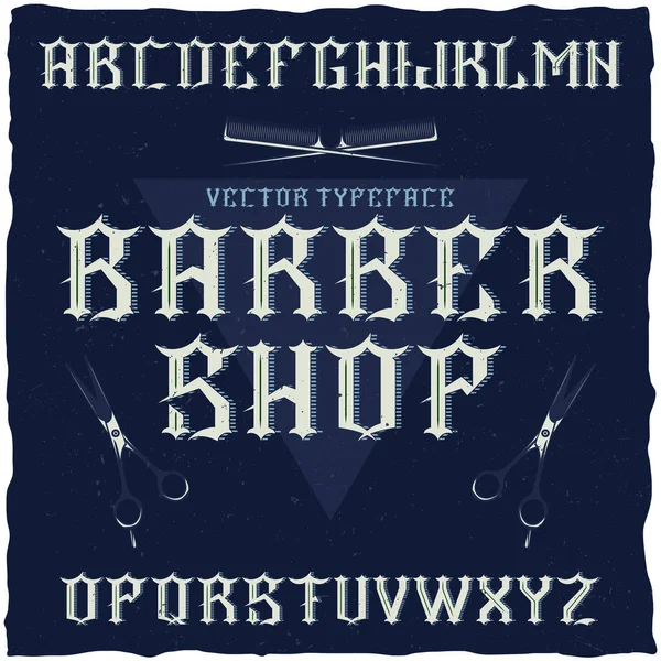 Barber Shop label lettertype en monster labelontwerp met decoratie en lint. — Stockvector