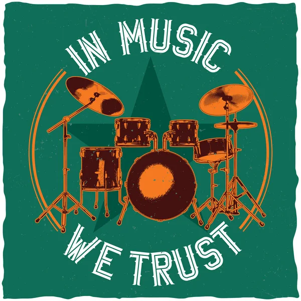 Барабани в музичній тематиці дизайн футболки лейблу — стоковий вектор