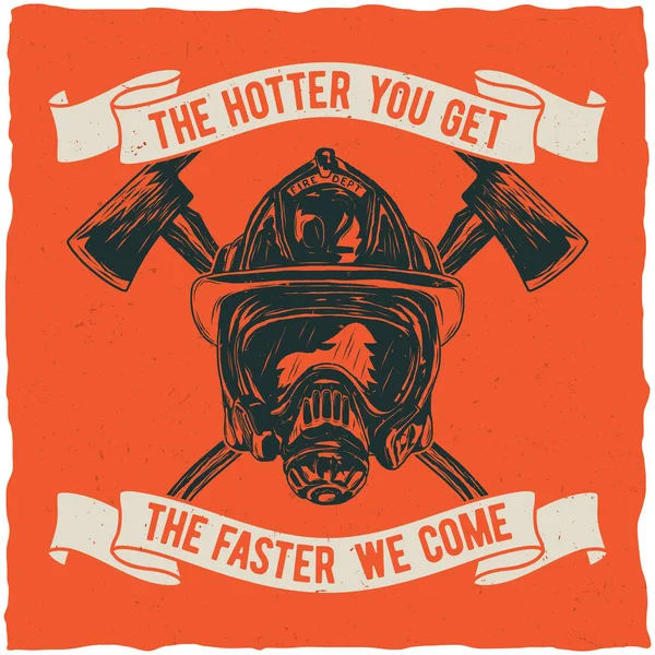 Пожежний футболці дизайну етикетки з ілюстрація шолом з перетнув осей — стоковий вектор