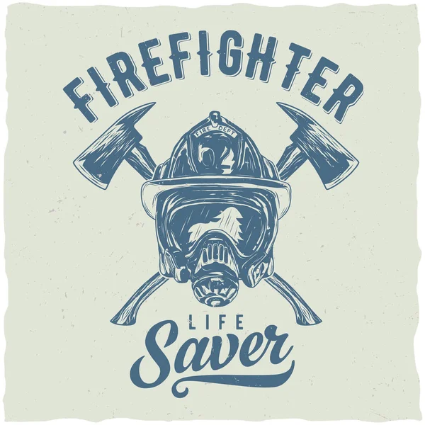 消防士ラベル交差軸とヘルメットのイラスト デザイン t シャツ — ストックベクタ