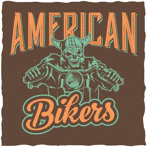 Design de etiquetas de camiseta de motociclista com ilustração de esqueleto andando em moto —  Vetores de Stock