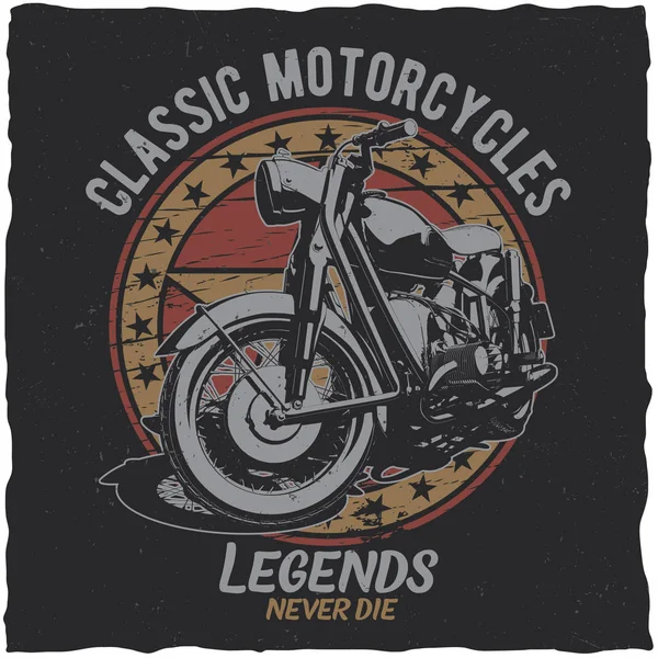 Diseño de la etiqueta de la camiseta de la motocicleta con ilustración de motocicleta clásica — Archivo Imágenes Vectoriales