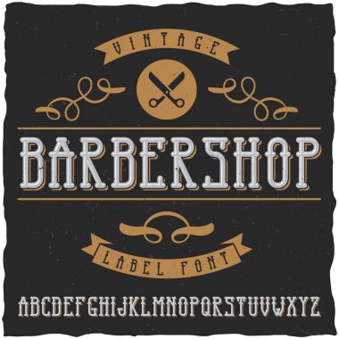 Berber Dükkanı etiket yazı tipi ve örnek etiket tasarımı dekorasyon ve kurdele ile. Klasik yazı tipi, herhangi bir klasik stil etiketinde kullanmak için iyi.