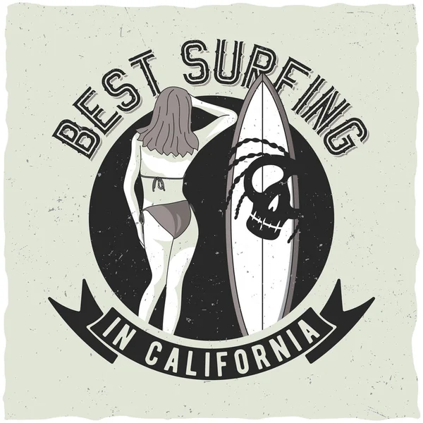 Design de etiqueta de surf com ilusão de menina e prancha de surf para t-shirts, cartazes, cartões etc . — Vetor de Stock
