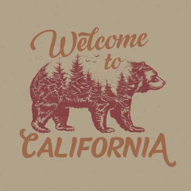 California t-shirt etiket tasarım çizim ayı silueti ile hoş geldiniz.