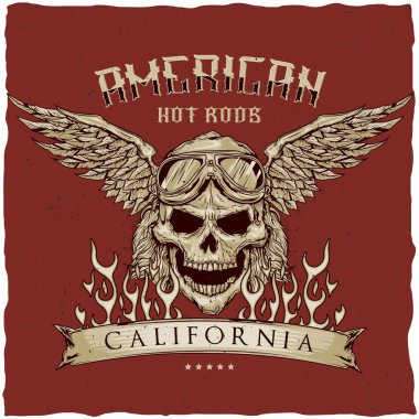 Vintage hot rod t-shirt etiket tasarım sürücü kafatası gözlük ve kanatlar ile çizim ile.