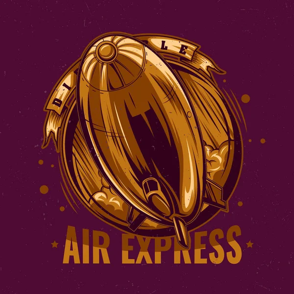 T-shirt design d'étiquette avec illustration de dirigeable volant . — Image vectorielle