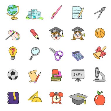 Renk Doodle okul Icons Set 