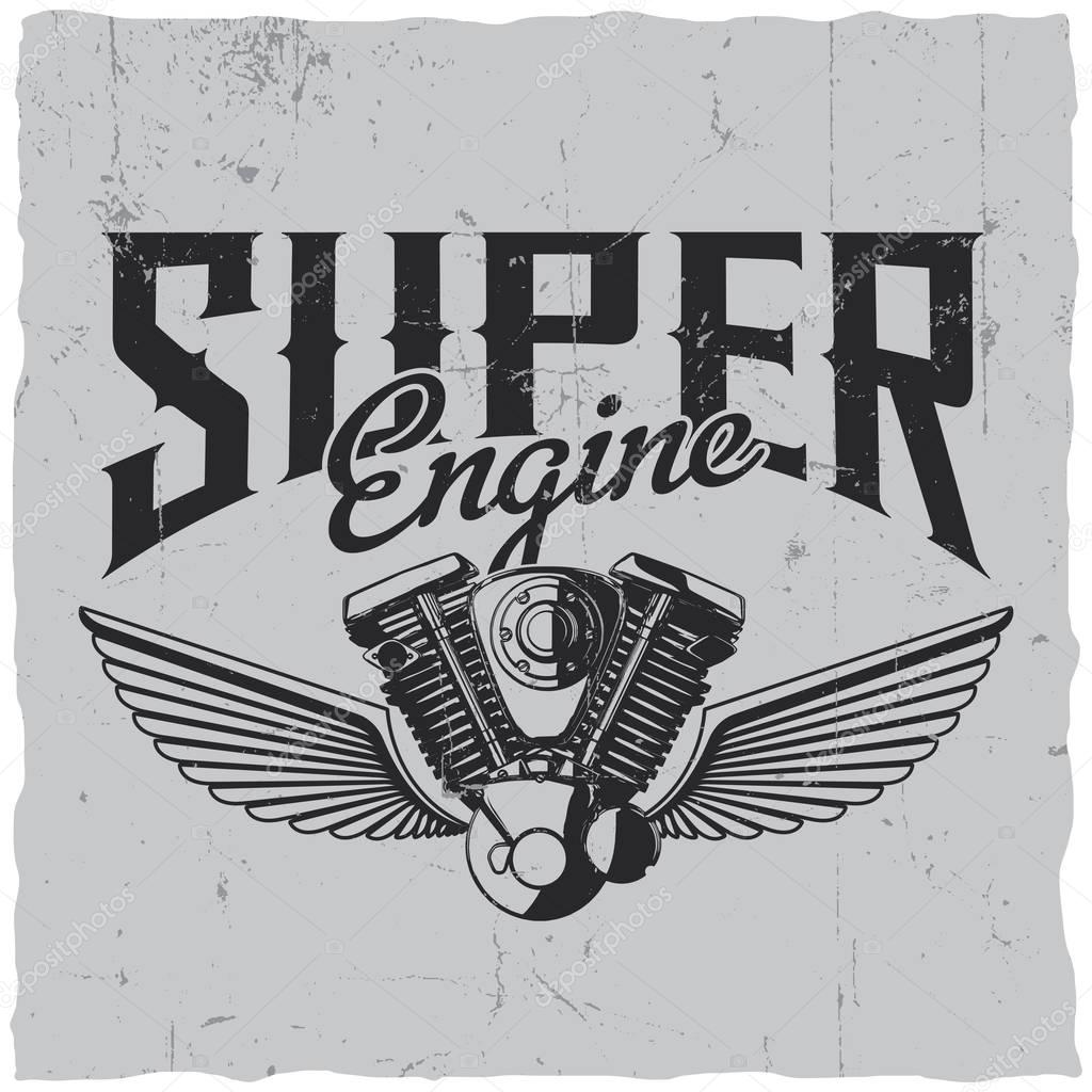 Super engine poster with hand drawn spare part and two wings vector illustration