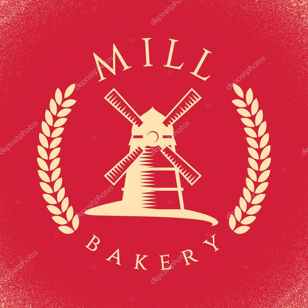 Bakery Stylish Poster with cartoon of mill on red background vector illustration