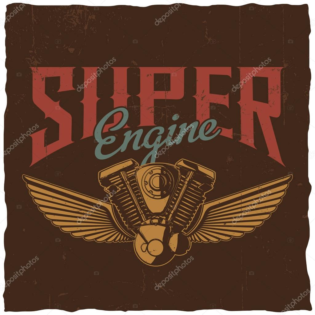 Super engine poster with hand drawn motorcycle spare part and two wings vector illustration