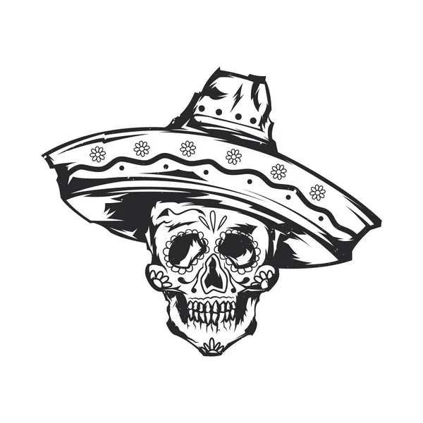 Ilustración aislada de cráneo mexicano en sombrero — Vector de stock