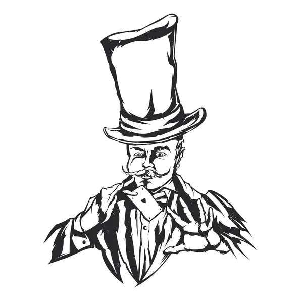Geïsoleerde illustratie van goochelaar in hoed met kaart in handen — Stockvector