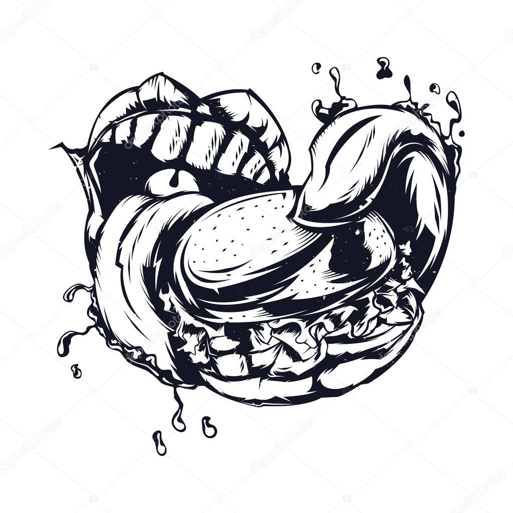 Isolated illustration of big mouth eating big burger
