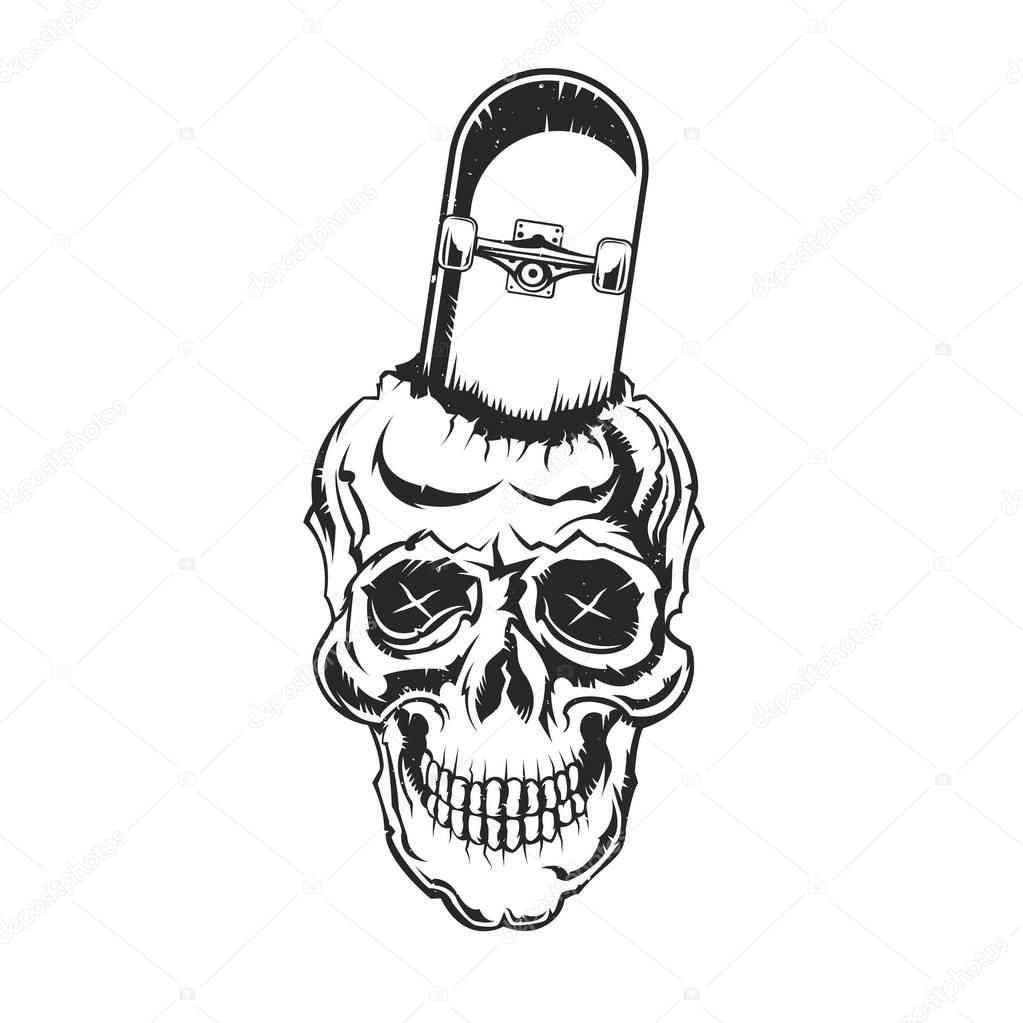 Isolated illustration of skull with skateboard 