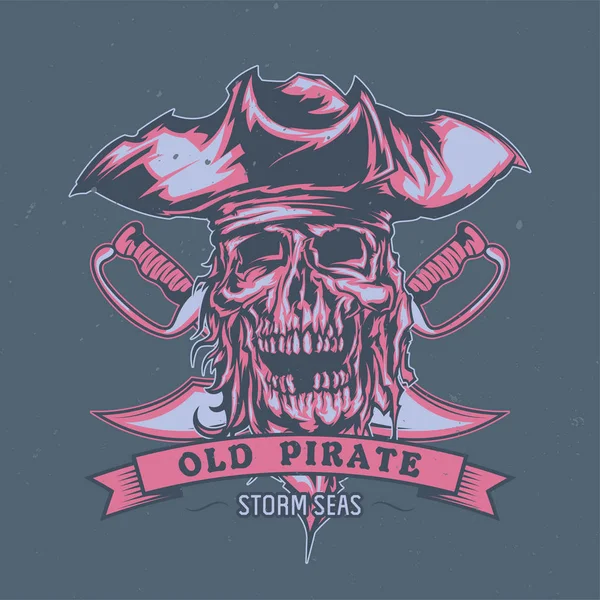 T-shirt ou design de cartaz com pirata morto ilustrado em chapéu . — Vetor de Stock