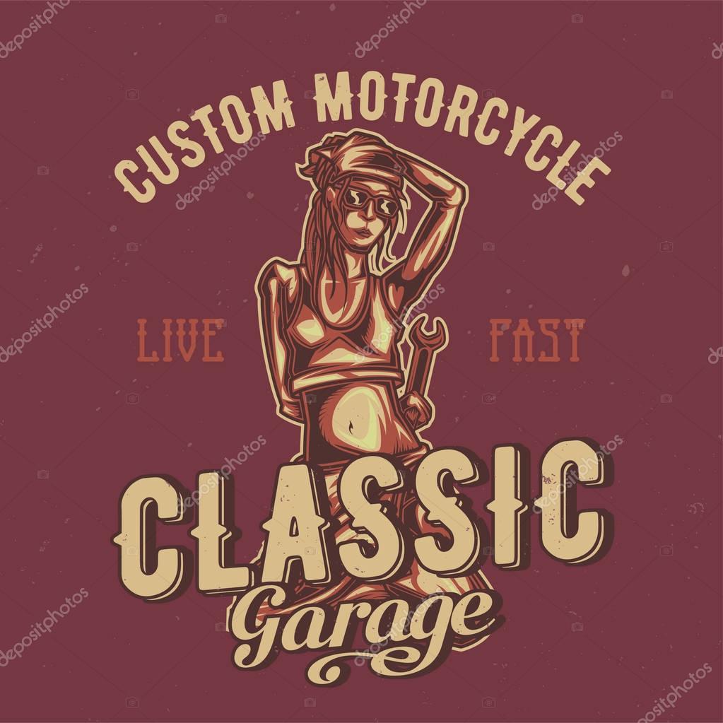 T-shirt or poster design with illustration of mechanic girl