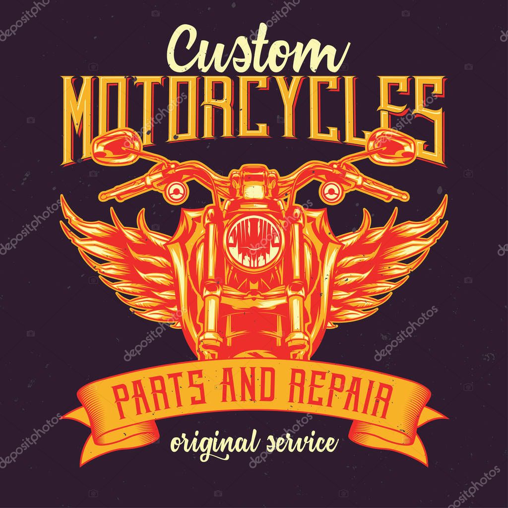 T-shirt or poster design with illustration of classic motorcycle.