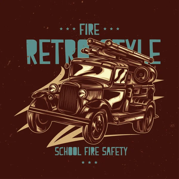 T-shirt labelontwerp met illustratie van vintage fire truck. — Stockvector