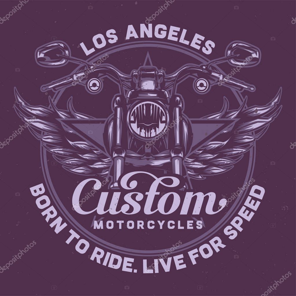 T-shirt or poster design with illustration of classic motorcycle.