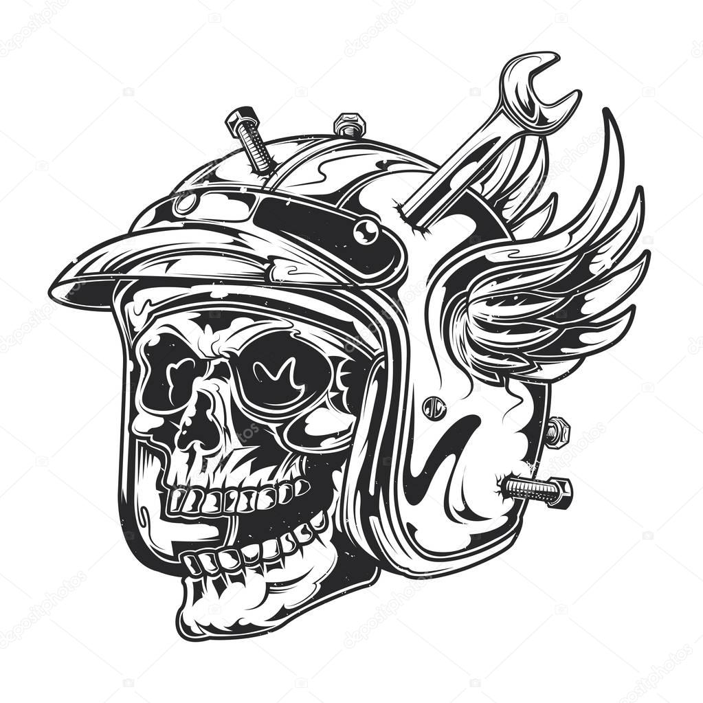 Isolated illustration of skull at damaged motorcycle helmet
