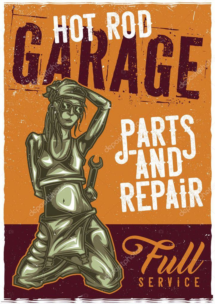 T-shirt or poster design with illustration of mechanic girl