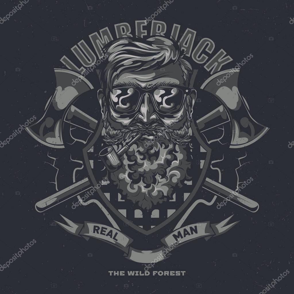 Lumberjack t-shirt label design with illustration of bearded man in glasses with two axes