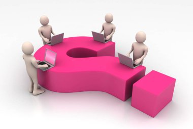 laptop ve soru işareti ile 3D insanlar   