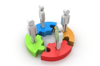 İşadamları farklı renkli puzzle parçaları üzerinde duruyorsun