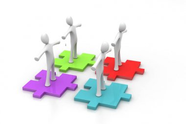 İşadamları farklı renkli puzzle parçaları üzerinde duruyorsun