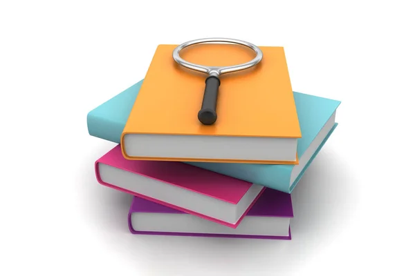Magnifying glass trying to find the right book — Stock Photo, Image