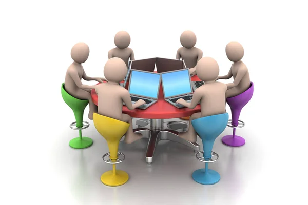 3d people around a table looking at laptops — Stock Photo, Image