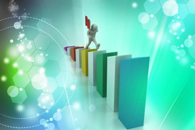 3D küçük ile yürüyen adam bayrak salladı.