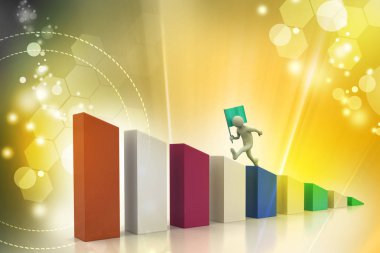 3D küçük ile yürüyen adam bayrak salladı.