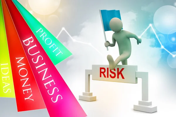 Person jumping over word risk with flag — Stock Photo, Image