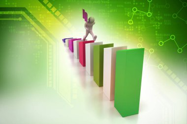 3D küçük ile yürüyen adam bayrak salladı.