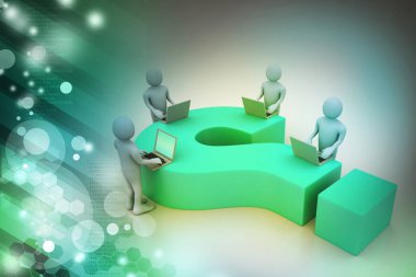 laptop ve soru işareti ile 3D insanlar   