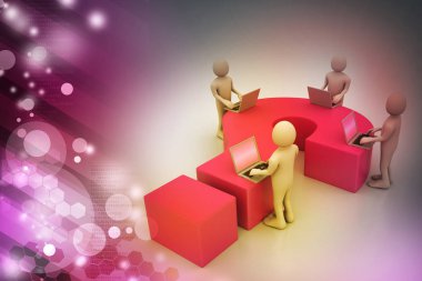 laptop ve soru işareti ile 3D insanlar   