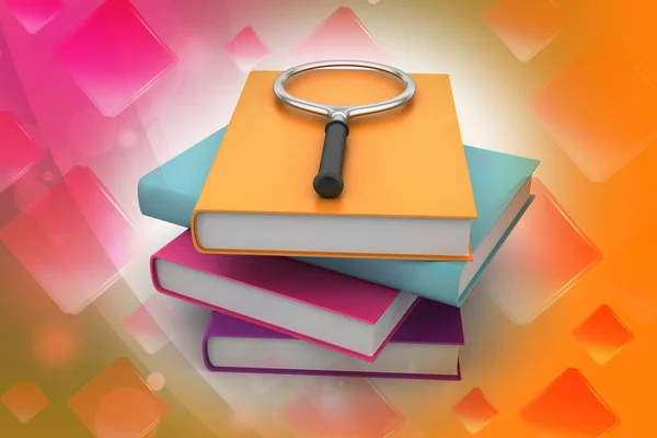 Magnifying glass trying to find the right book — Stock Photo, Image