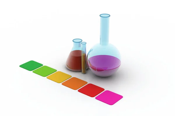 Labu laboratorium dan tabung uji dengan kertas warna — Stok Foto
