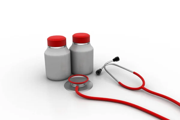 3d illustration of  Stethoscope with medicine bottle — Stock Photo, Image
