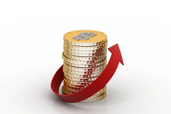 Рендеринг Стека Золотых Монет Стрелкой — стоковое фото