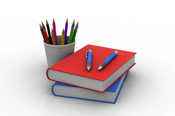 Цветные карандаши в чашке с книгами — стоковое фото