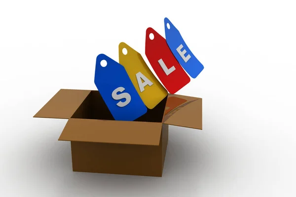 3D απεικόνιση πωλήσεις tag με κουτί — Φωτογραφία Αρχείου